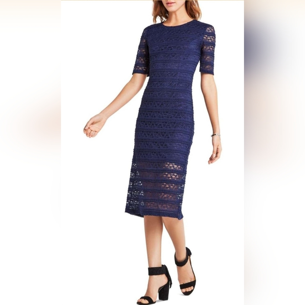 BCBGeneration Women's Lace Dress Blue Navy Knee Length Sz 4 Bodycon Sheer Sleeve